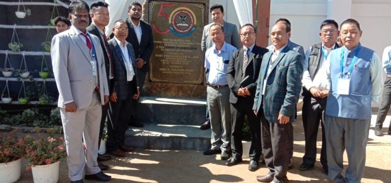 The special guest along with other dignitaries and faculty members after unveiling the Jubilee Monolith. (DIPR Photo) 